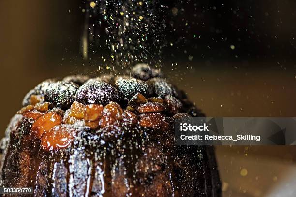 Christmas Pudding With Golden Glitter Sugar 1 Stock Photo - Download Image Now - Christmas Pudding, Cake, Christmas