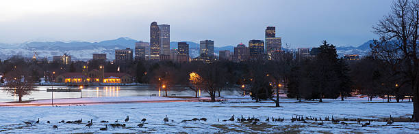 istock View of downtown Denver at night. Lake and geese 503356830