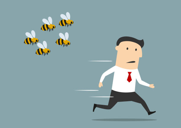 Businessman running away from angry bees Cartoon businessman was attacked by swarm of angry wild bees and running away from dangerous insects. Insect sting allergy danger, healthcare concept design stinging stock illustrations