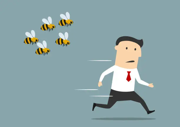 Vector illustration of Businessman running away from angry bees