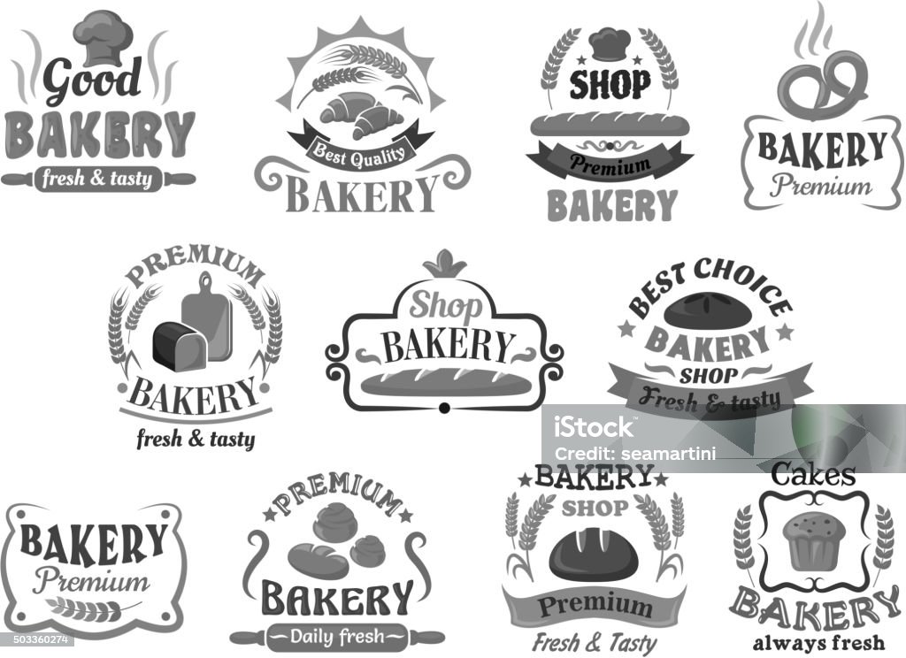 Bakery and pastry emblems or signboards Bakery and pastry shop emblems, icons and signboards design with assorted bread, buns, cupcake, croissant and pretzel, framed by ribbon banners, cartouches, wheat ears, toques and stars Cartouche stock vector