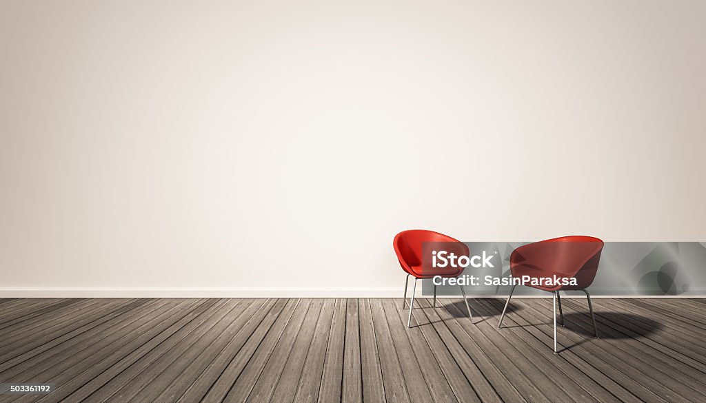 Paredes blancas y piso de madera oscura, sillas con rojo - Foto de stock de Silla libre de derechos