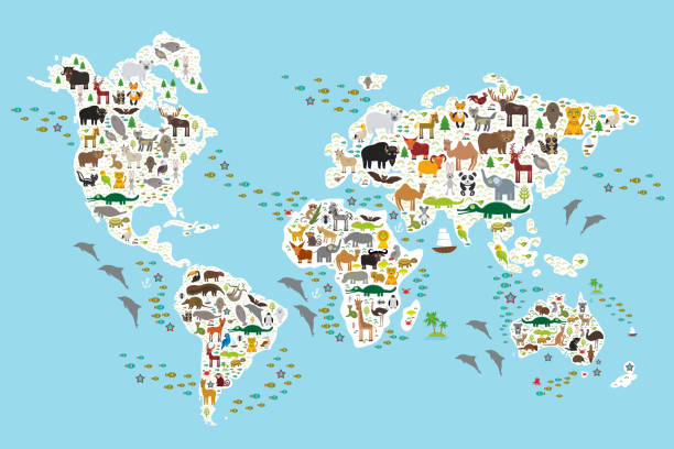 zwierzę kreskówka mapa świata dla dzieci i zwierząt świecie - gatunek zagrożony obrazy stock illustrations