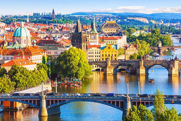 Scenic summer aerial view of the Old Town pier architecture and Charles Bridge over Vltava river in Prague, Czech Republic