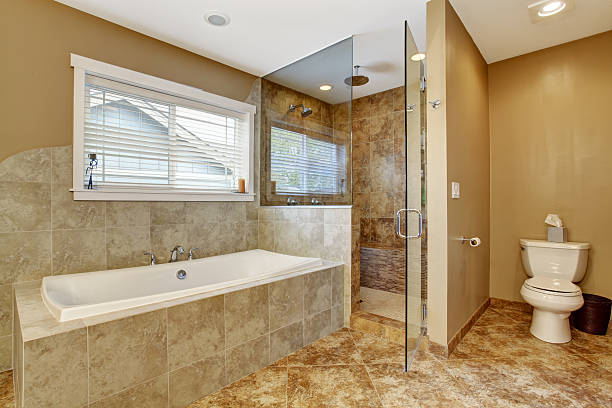 istock Modern bathroom interior with glass door shower 503373003