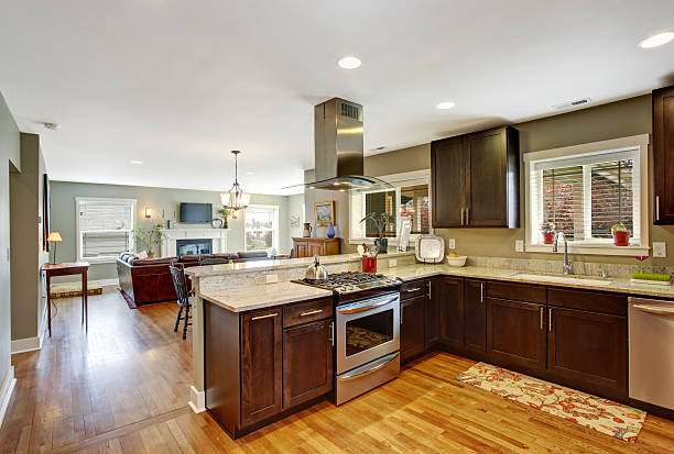 istock Dark brown kitchen room with steel appliances 503373165