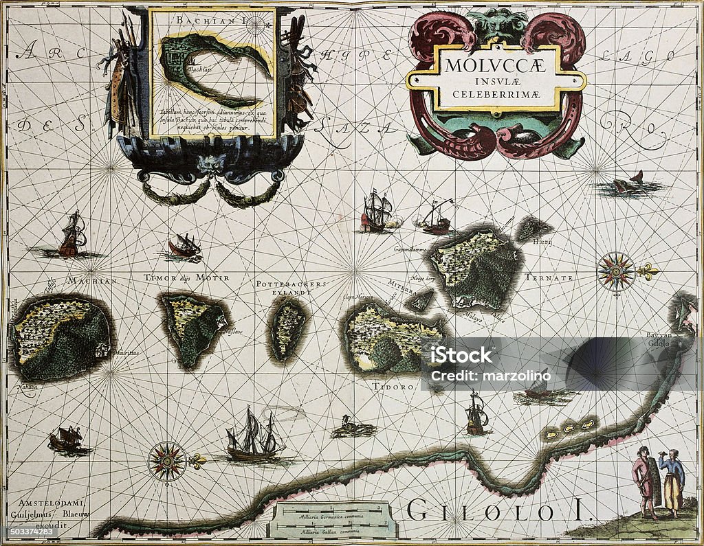 Maluku old map Maluku island old map. Created by Willem Blaeu, published in Amsterdam 1630 Old stock illustration