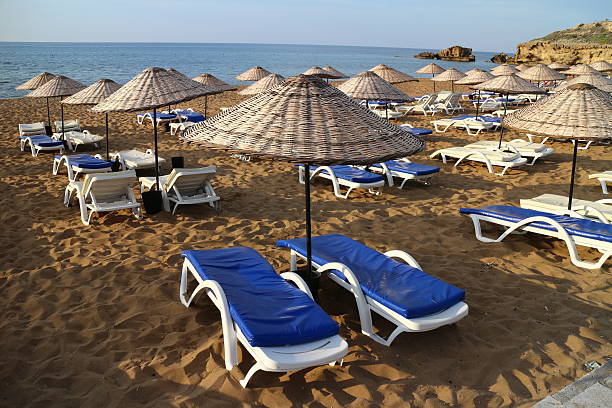 istock Sunbeds with Umbrellas on Sand Beach 503374289