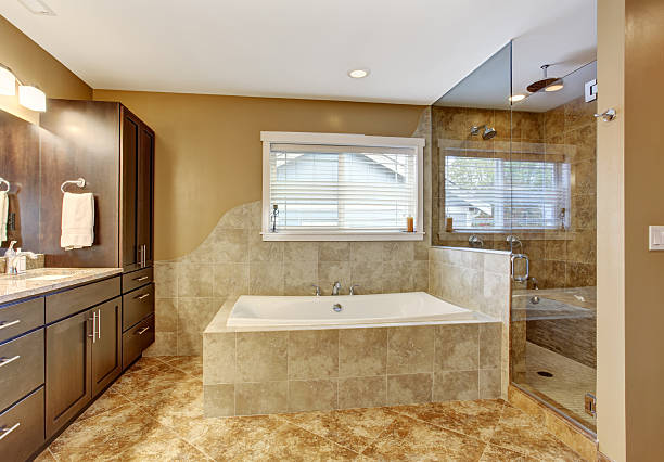 istock Modern bathroom interior with glass door shower 503376695