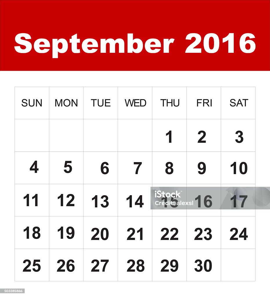 September 2016 Calendar Stock Photo - Download Image Now - 2016, Calendar,  Cut Out - Istock