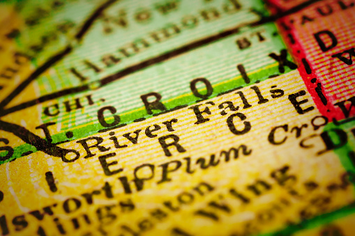 River Falls, Wisconsin on 1880's map. Selective focus and Canon EOS 5D Mark II with MP-E 65mm macro lens.