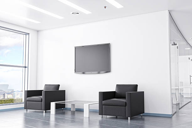 oficina moderna con diseño contemporáneo de furnitures área de espera - tv reception fotografías e imágenes de stock