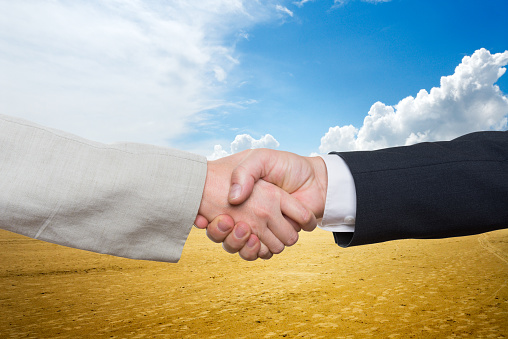 business woman and business man shaking hands outdoors in a desert
