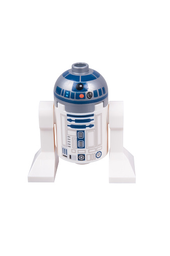 Adelaide, Australia - October 2, 2015: A studio shot of a R2-D2 Lego minifigure from the movie series Star Wars. Lego is extremely popular worldwide with children and collectors.