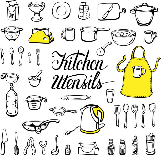 ilustraciones, imágenes clip art, dibujos animados e iconos de stock de utensilios de cocina - white background container silverware dishware