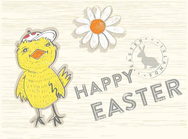 Vector illustration of cute scribbled easter biddy on wooden background with text