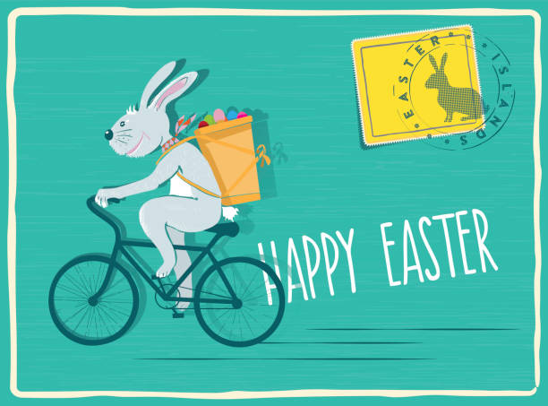 funny easter bunny biking with pannier filled with easter eggs funny easter card with easter bunny biking with pannier on the back filled with easter eggs easter bunny and egg holiday postcard stock illustrations
