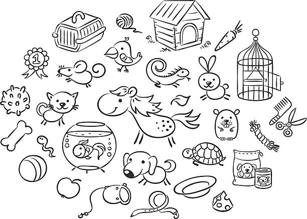 illustrations, cliparts, dessins animés et icônes de jeu de noir et blanc animaux de compagnie animaux dessin animé avec accessoires - hamster cage birdcage isolated