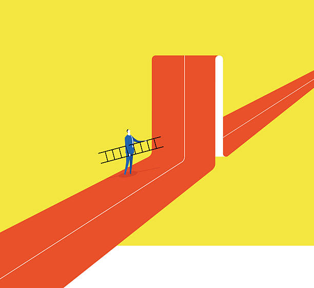 Breaking the status A businessman hold a ladder, he tried to break through barriers to move forward obstacle course stock illustrations