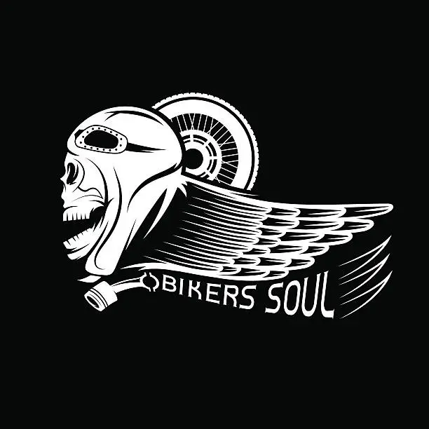 Vector illustration of bikers theme label with skull,wheel and wing
