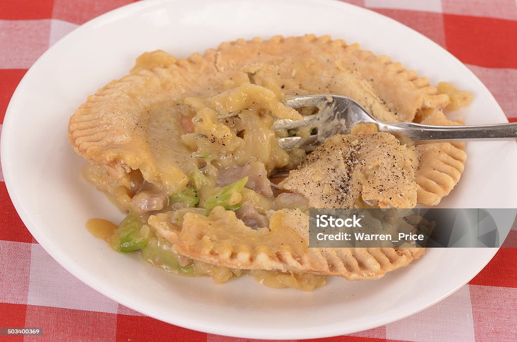 Pot Pie Dinner Eating Chicken pot pie with broccoli and cheese on white plate against red plaid tablecloth. Chicken Pot Pie Stock Photo