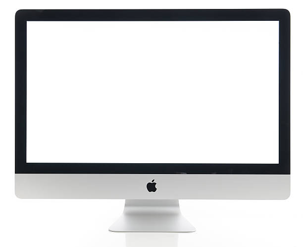 Apple iMac 27 inch desktop computer İstanbul, Turkey - July 22, 2014 : Apple iMac 27 inch desktop computer displaying blank white screen on a white background. iMac produced by Apple Inc. wide screen photos stock pictures, royalty-free photos & images