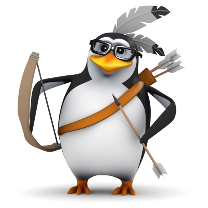 3d render of a penguin dressed as Native American Indian with bow and arrow