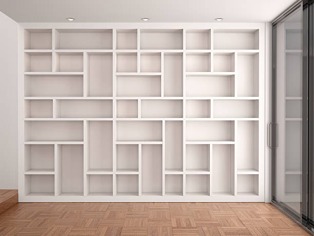 3d illustration of Empty shelves in modern white interior 3d illustration of Empty shelves in modern white interior empty bookshelf stock pictures, royalty-free photos & images