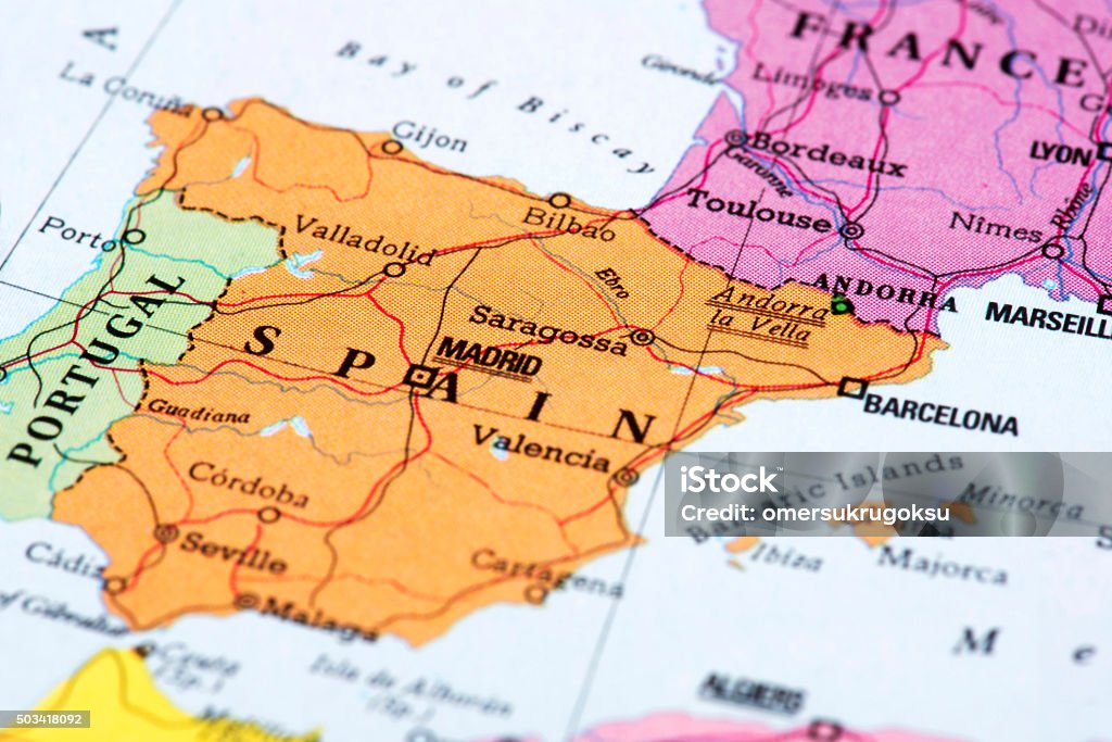 Map of Spain Map of Spain. Detail from the World Atlas (Webster's Concise.) Map Stock Photo