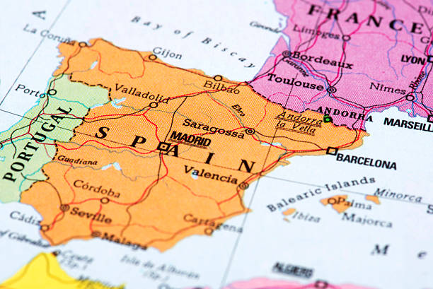 Map of Spain Map of Spain. Detail from the World Atlas (Webster's Concise.) andorra map stock pictures, royalty-free photos & images