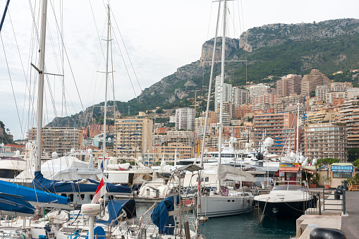 Monaco, Principality of Monaco - October 9, 2015: the yachts marooned at Port Hercule, the famous Monaco Marina.