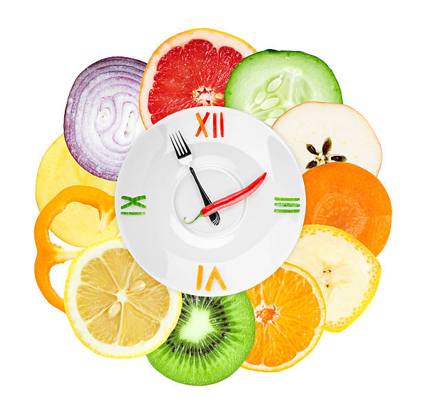 istock Food clock with  sliced vegetables and fruits 503420710