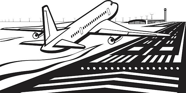 항공기 착륙 시 공항 활주로에서 - landed airplane travel commercial airplane stock illustrations