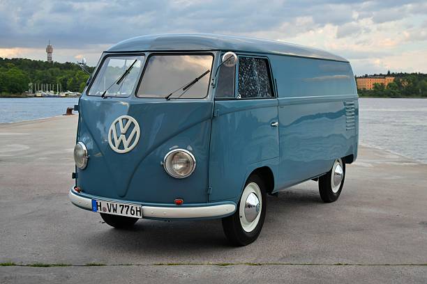 Nacka, Sweden - June, 25th, 2015: The presentation of classic van Volkswagen T1 during the test drives of the newest generation - T6. This vehicle is one of the most popular light commercial vehicle in Europe in 50s.