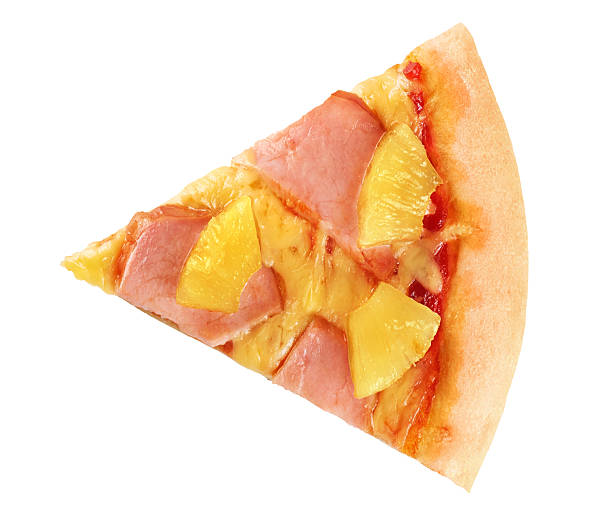 istock Piece of pizza with pineapple and ham on white background. 503423760