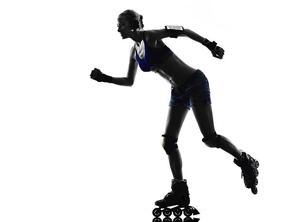 one  woman in roller skates silhouette studio isolated on white background