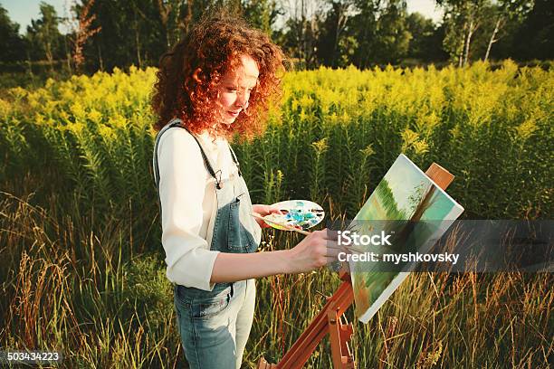 Young Woman Painting Landscape In Open Air Stock Photo - Download Image Now - Painting - Activity, Outdoors, Painting - Art Product