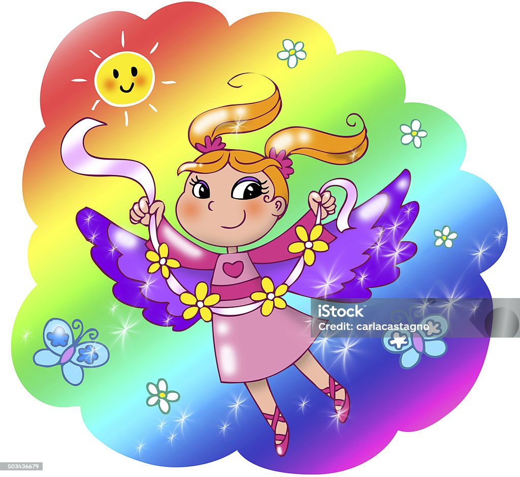 Cute flying rainbow fairy Fairy lady flying in a rainbow sky. Digital illustration for little children. Adult stock illustration