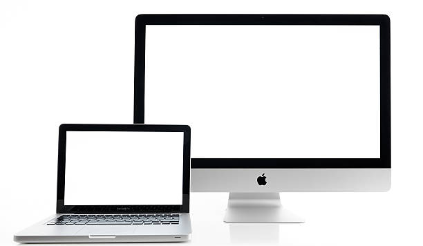 imac und macbook - apple macintosh laptop computer isolated stock-fotos und bilder