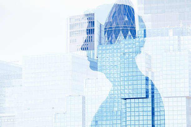 istock Double exposure Modern building and male profile 503438879