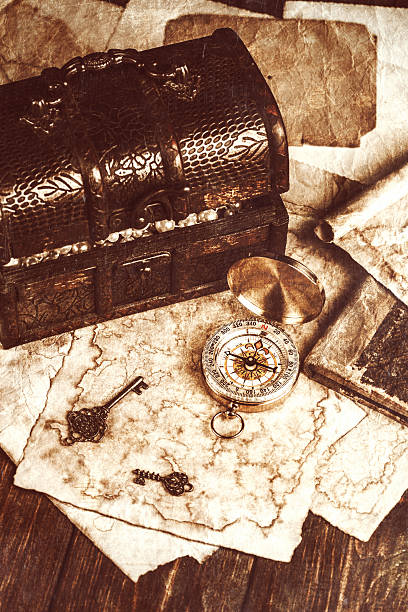 istock treasure chest, compass and old map on wooden table 503452395