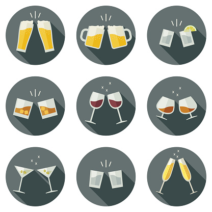 Clinking glasses vector icons. Glasses with alcoholic beverages in flat style.