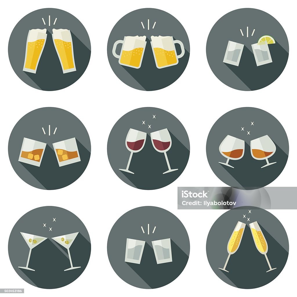 Clink glasses icons. Clinking glasses vector icons. Glasses with alcoholic beverages in flat style. Celebratory Toast stock vector