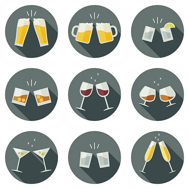 Clink glasses icons. Clinking glasses vector icons. Glasses with alcoholic beverages in flat style. honor illustrations stock illustrations