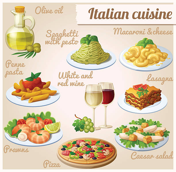 zestaw ikon żywności. kuchni włoskiej. spaghetti z pesto, lazania - tomato isolated freshness white background stock illustrations