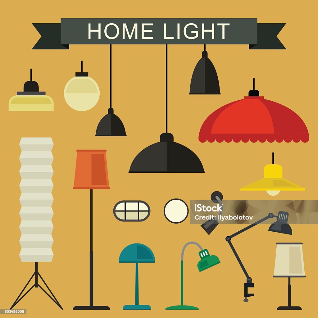 Home light icons set. Home light with lamp icons in flat style. Simple vector illustration. Electric Lamp stock vector