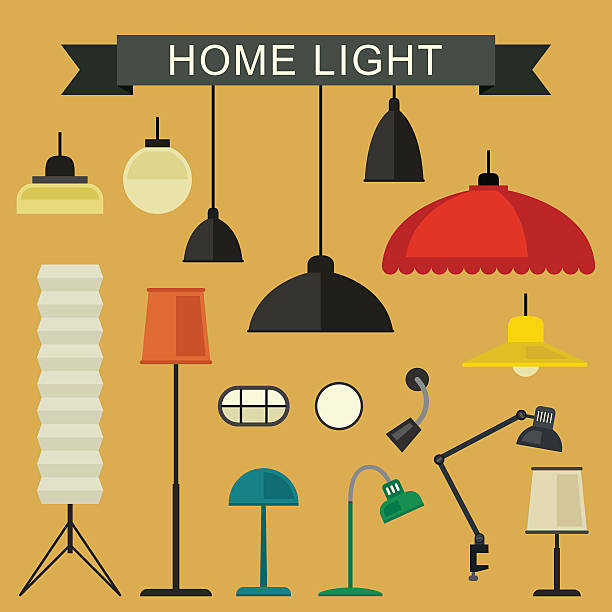 Home light icons set. Home light with lamp icons in flat style. Simple vector illustration. electric lamp stock illustrations