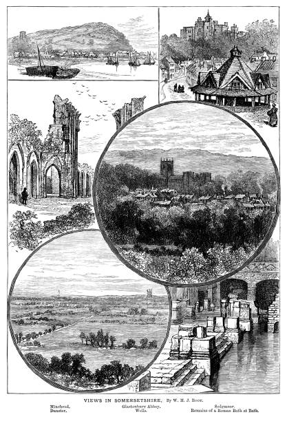 widoki w somerset, anglia - glastonbury stock illustrations