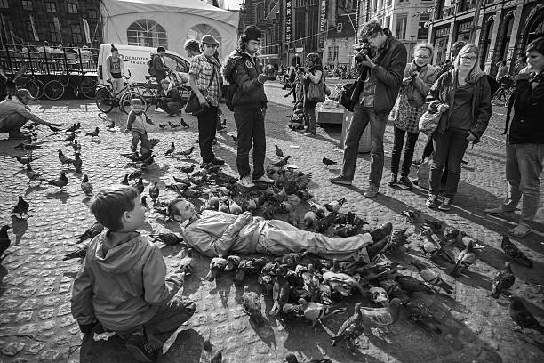 gołąb czasu na placu dam amsterdam - lying on front joy enjoyment happiness zdjęcia i obrazy z banku zdjęć