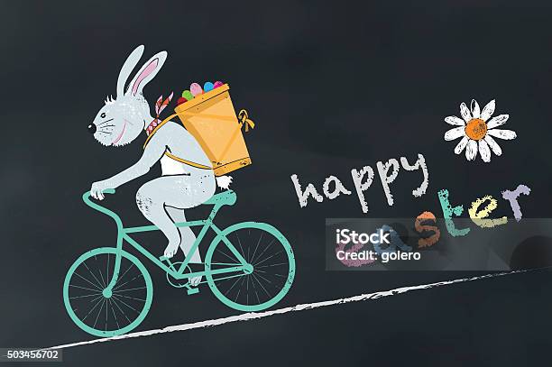 Illustration Of Cycling Easter Bunny On Chalk Board With Text Stock Illustration - Download Image Now